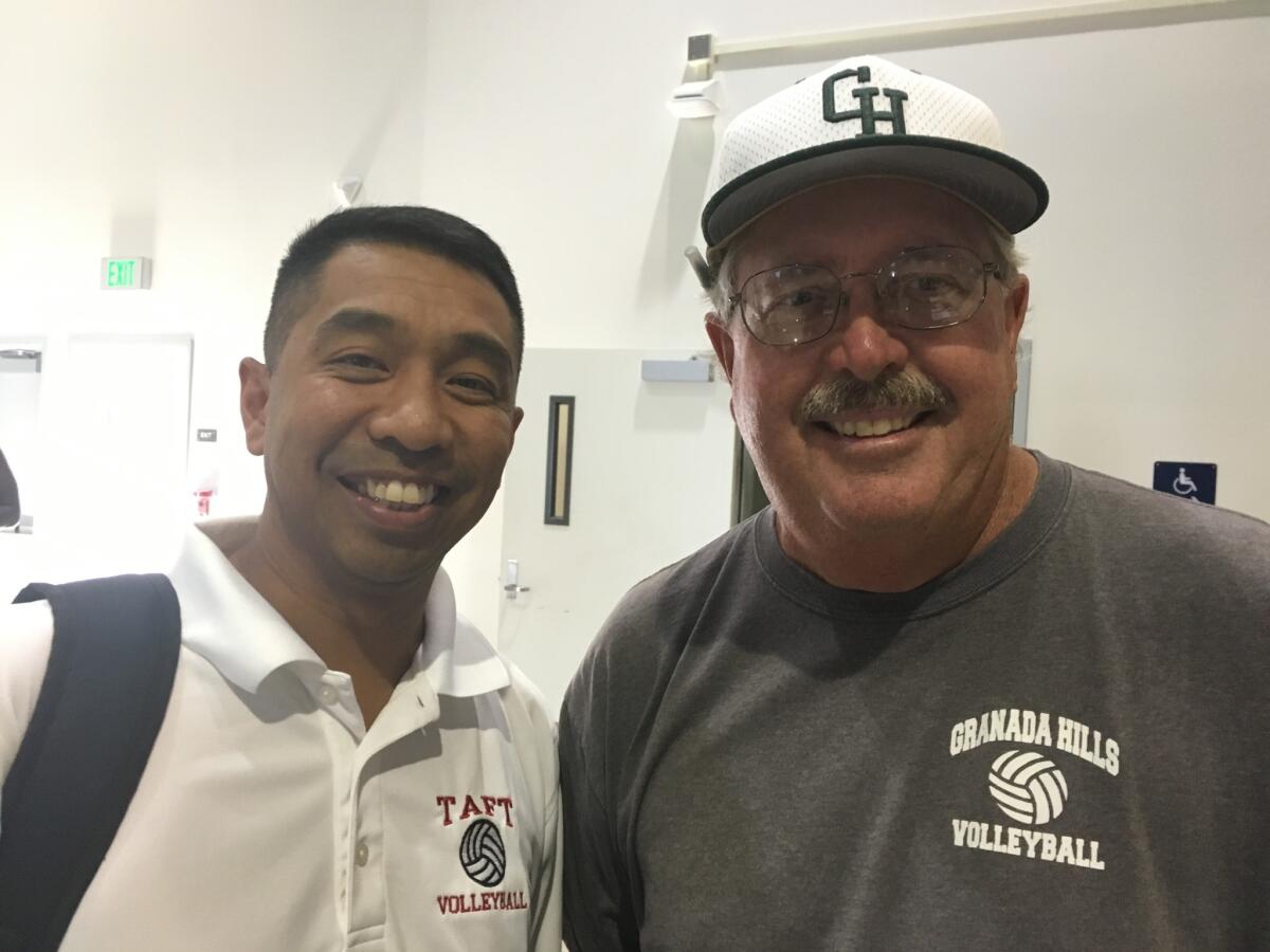Coaches Arman Mercado of Taft (left) and Tom Harp of Granada Hills have high hopes for their girls' volleyball teams.