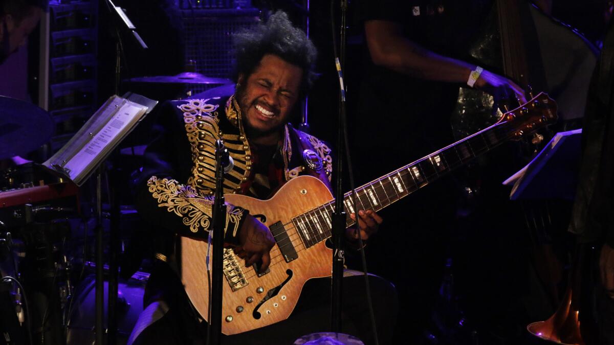 Stephen "Thundercat" Bruner playing in the Kamasi Washington's show at the Regent in Los Angeles last month. Thundercat will appear at the just-announced Low End Theory Festival at Exposition Park.