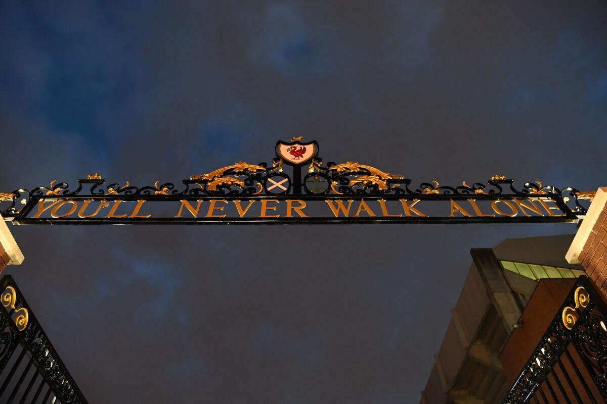 The sign above the located Shankly Gates, the entrance to Anfield.