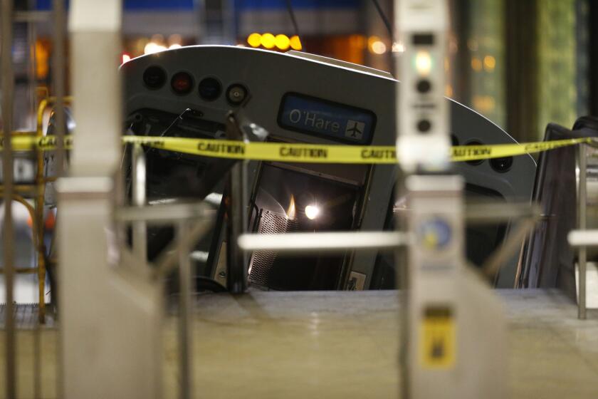 A CTA Blue Line train derailed and hit a platform at O'Hare International Airport.
