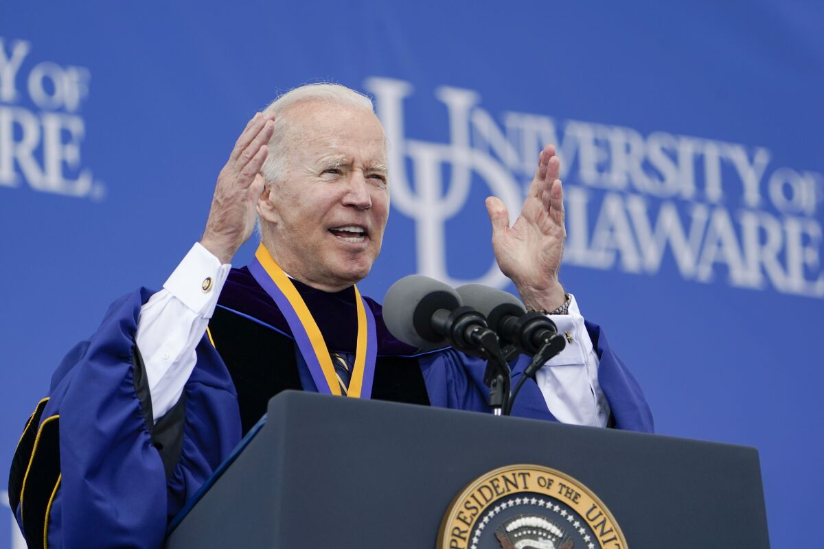 President Biden speaks to the University of Delaware Class of 2022 on May 28.
