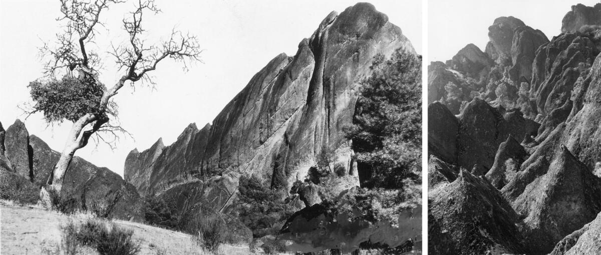 Left, a postcard featuring a rock formation in Pinnacles National Park. The bottom right corner of the image had been painted over. Photo dated Sept. 17, 1933. Right, another view of Pinnacles. Photo dated April 11, 1954. (Los Angeles Times Library)