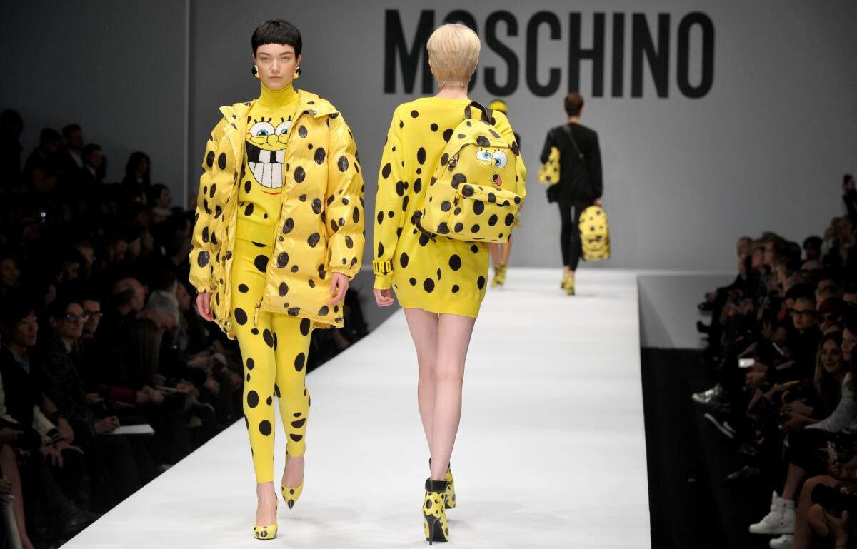 SpongeBob SquarePants is among the pop-culture icons referenced in Jeremy Scott's first collection for Moschino on the runway at Milan Fashion Week.