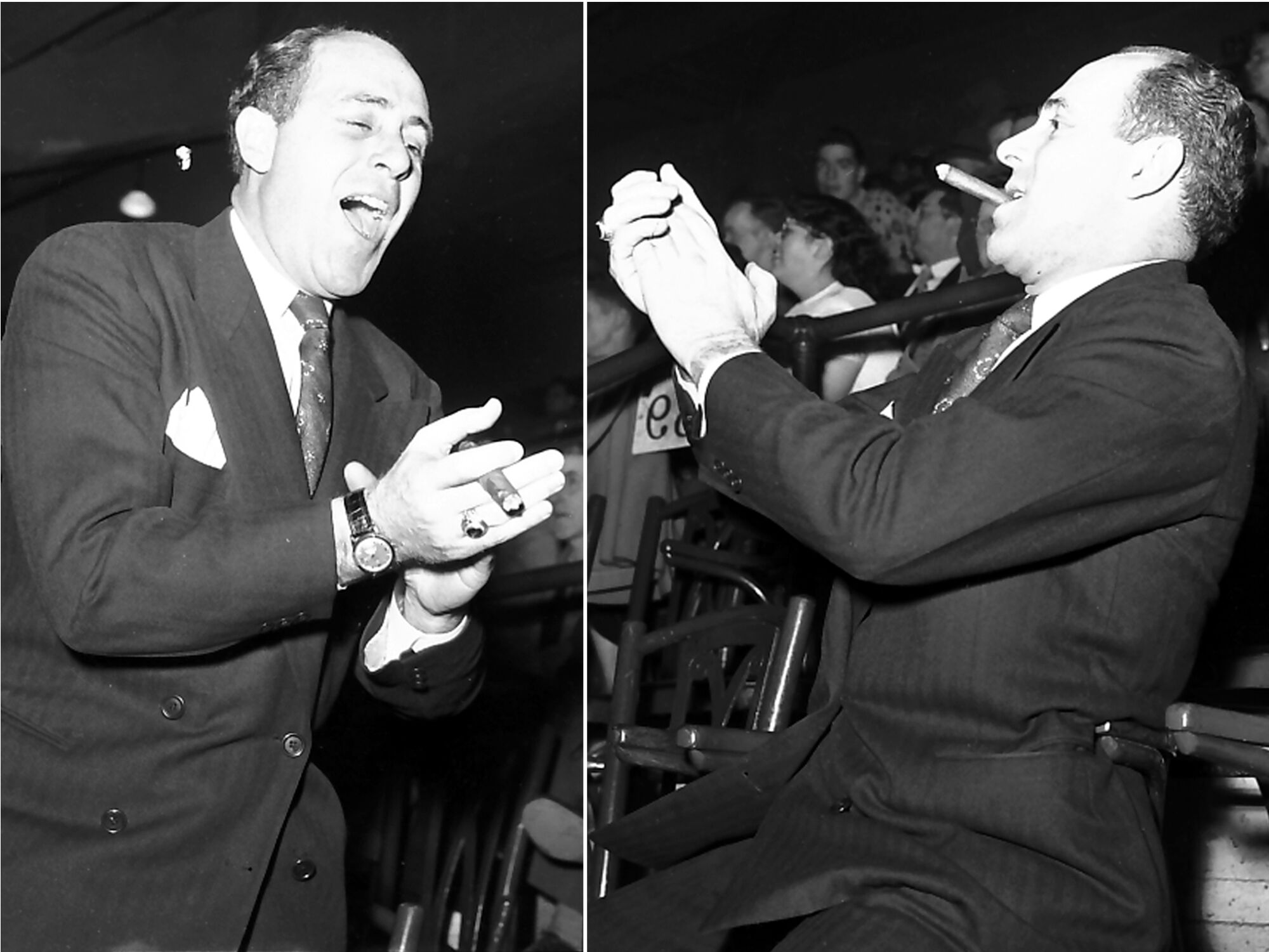 Two photos of Boston Celtics coach Red Auerbach clapping in 1951