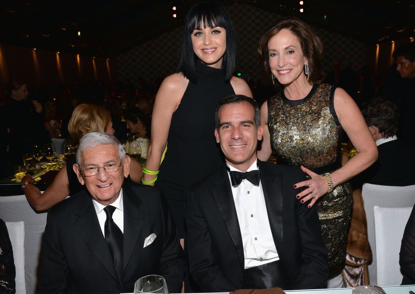 MOCA Gala Chair Eli Broad, singer Katy Perry, Mayor of Los Angeles Eric Garcetti and MOCA Gala Chair Lilly Tartikoff Karatz attend MOCA's 35th Anniversary Gala presented by Louis Vuitton at The Geffen Contemporary at MOCA in Los Angeles.