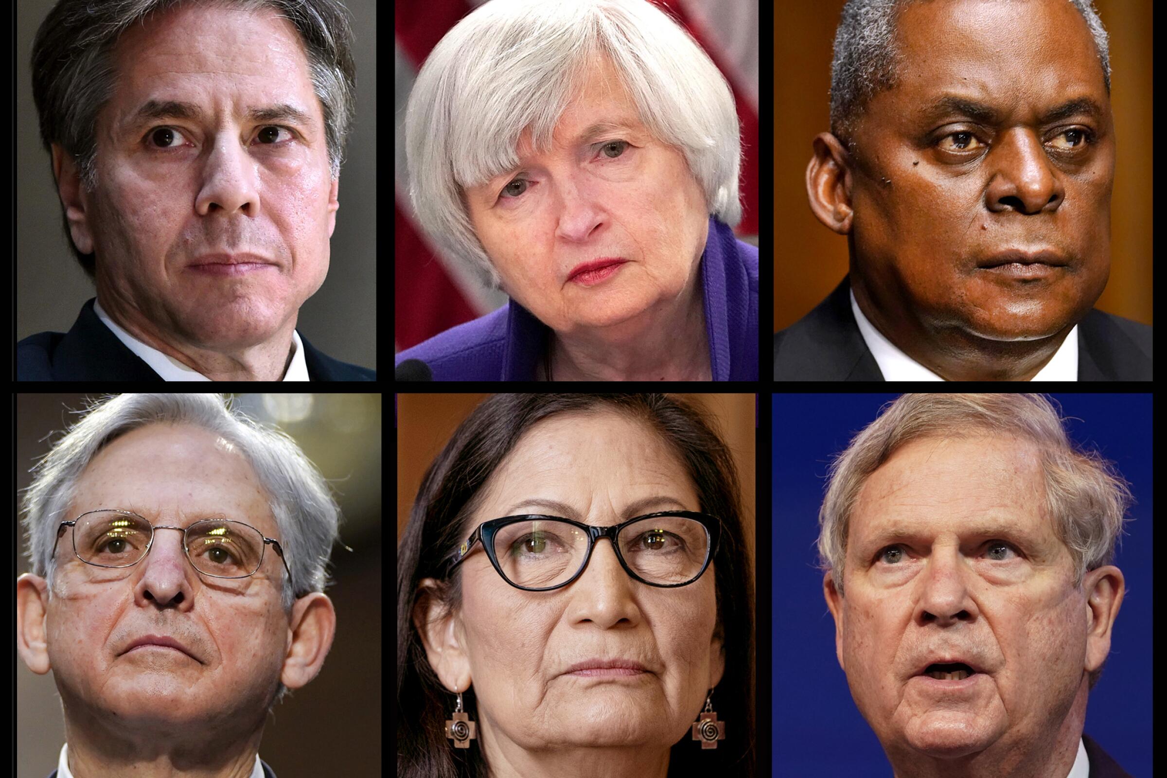 Photos of Antony J. Blinken, Janet L. Yellen, Lloyd J. Austin III, Tom Vilsack, Debra Haaland and Merrick Garland.