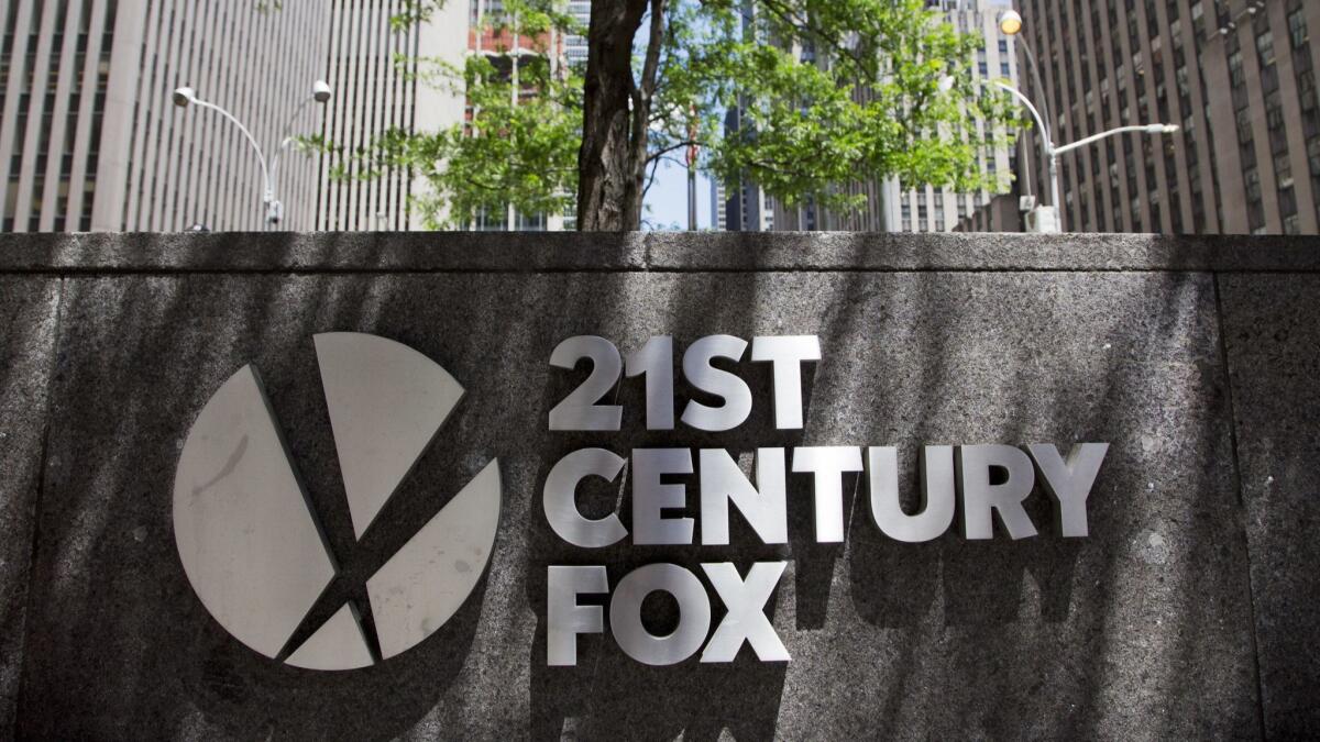 The 21st Century Fox logo is shown outside the media company's New York headquarters office.