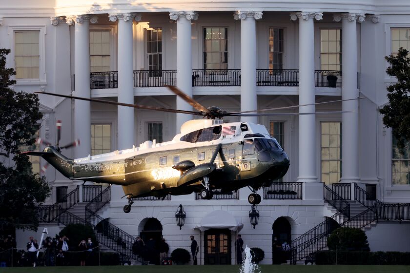 WASHINGTON, DC - OCTOBER 02: Marine One, the presidential helicopter, carries U.S. President Donald Trump away from the White House on the way to Walter Reed National Military Medical Center October 2, 2020 in Washington, DC. Trump announced earlier today via Twitter that he and U.S. first lady Melania Trump have tested positive for coronavirus. (Photo by Win McNamee/Getty Images)