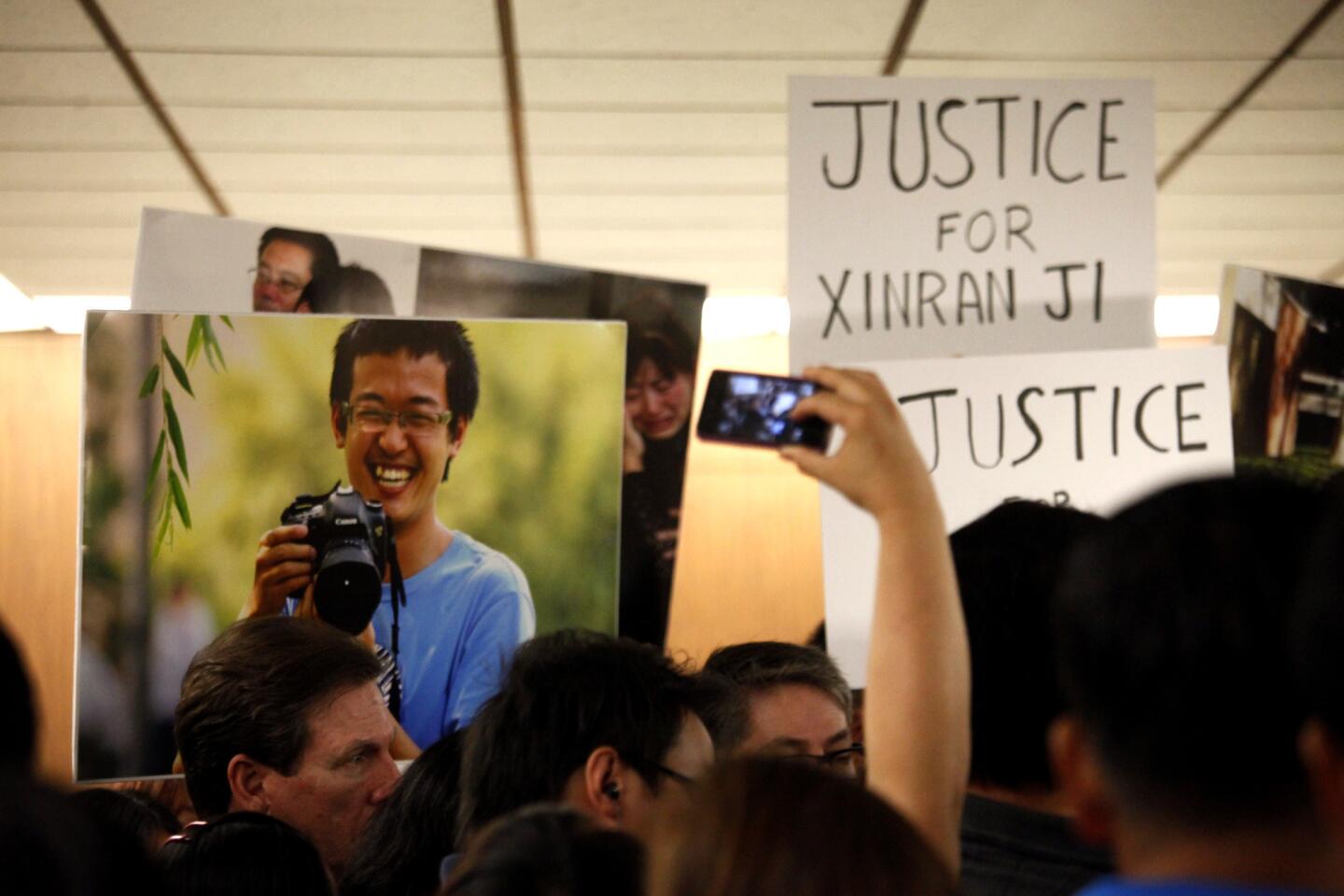 Supporters of slain USC student Xinran Ji, in photo, gather for a press conference after the arraignment of Jonathan Del Carmen, Andrew Garcia, Alberto Ochoa and Alejandra Guerrero in downtown Los Angeles.