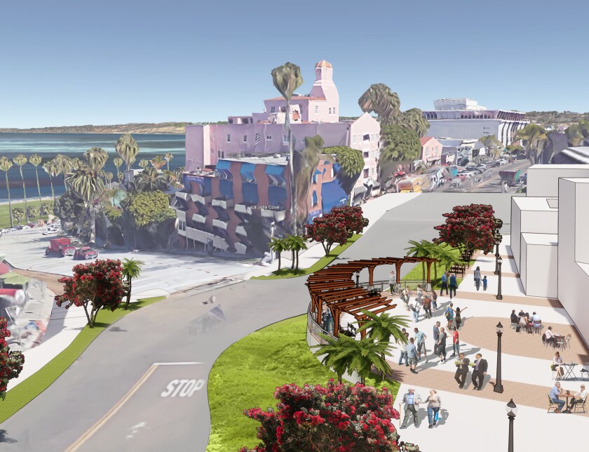 Comparable to piazzas throughout Europe, the proposed Promenade overlooking the Cove Park will be transformational for La Jolla. Planners say the pedestrian-only plaza will be an inviting, appealing public space that will bring people together. Two-way traffic will be directed to The Dip and parking will be addressed creating diagonal spaces on the south side of lower Girard Avenue.