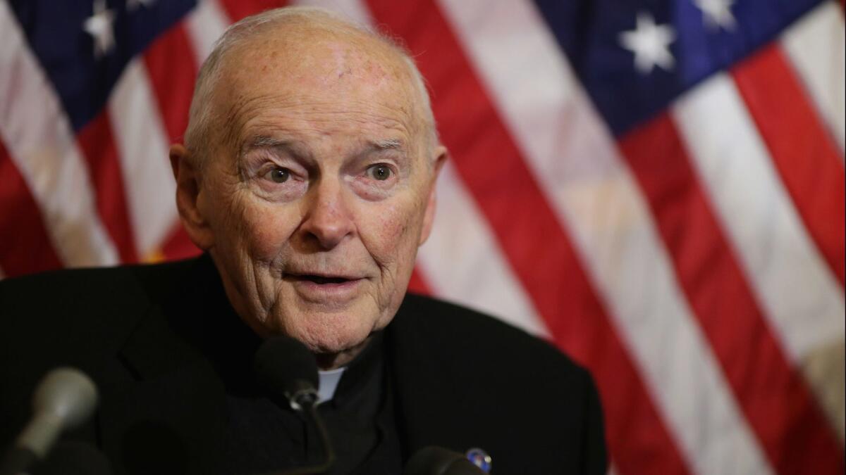 Former Cardinal Theodore McCarrick, archbishop emeritus of Washington speaks during a news conference with senators and national religious leaders in 2015.