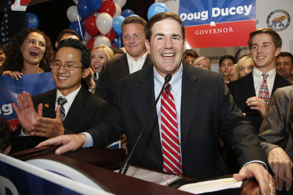 State treasurer and former CEO Doug Ducey speaks to supporters as he claims victory on winning the Republican primary for Arizona governor.