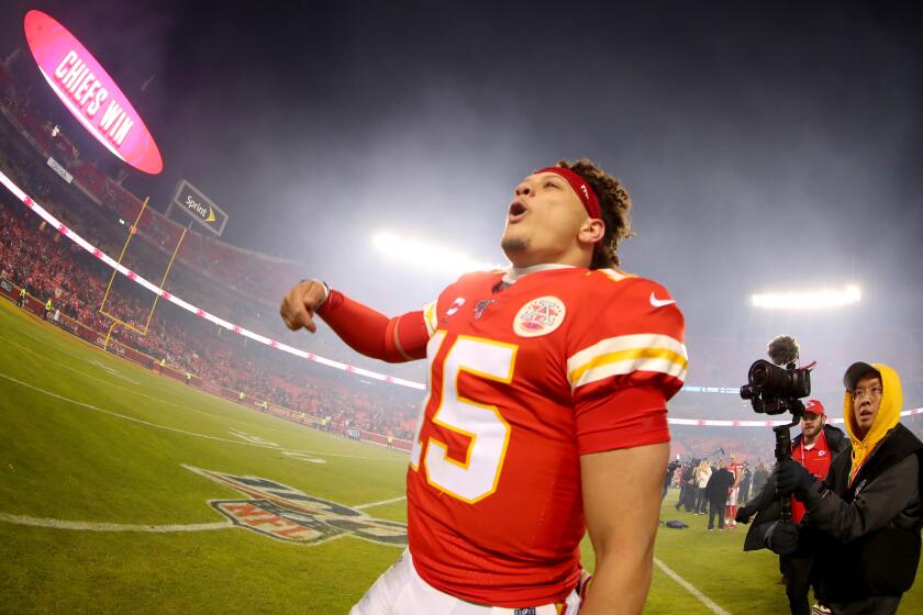KANSAS CITY, MISSOURI - JANUARY 12: Patrick Mahomes #15 of the Kansas City Chiefs celebrates his teams win against the Houston Texans in the AFC Divisional playoff game at Arrowhead Stadium on January 12, 2020 in Kansas City, Missouri. (Photo by Tom Pennington/Getty Images)