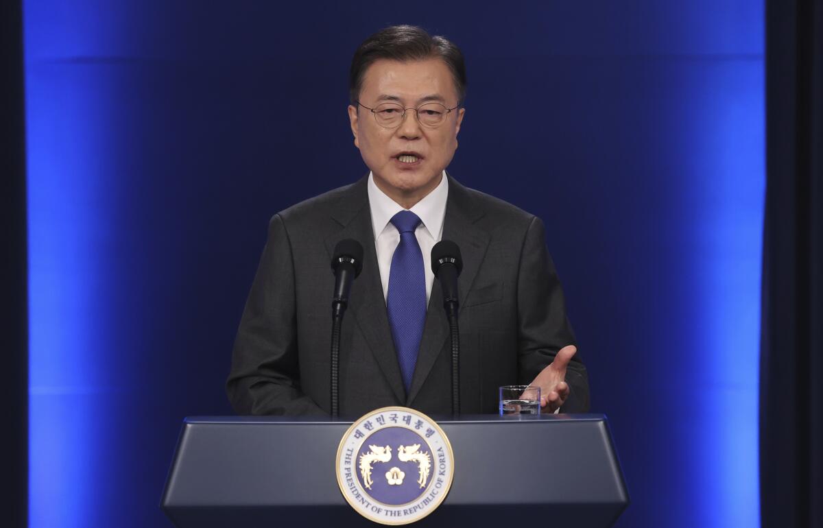 South Korean President Moon Jae-in speaks at the presidential Blue House in Seoul, South Korea, Monday, May 10, 2021. South Korea's leader said Monday he'll use his upcoming summit with President Joe Biden to push to restart diplomacy with North Korea, saying that Biden favors a diplomatic, phased approach to resolve the North Korean nuclear crisis. (Choi Jae-gu/Yonhap via AP)