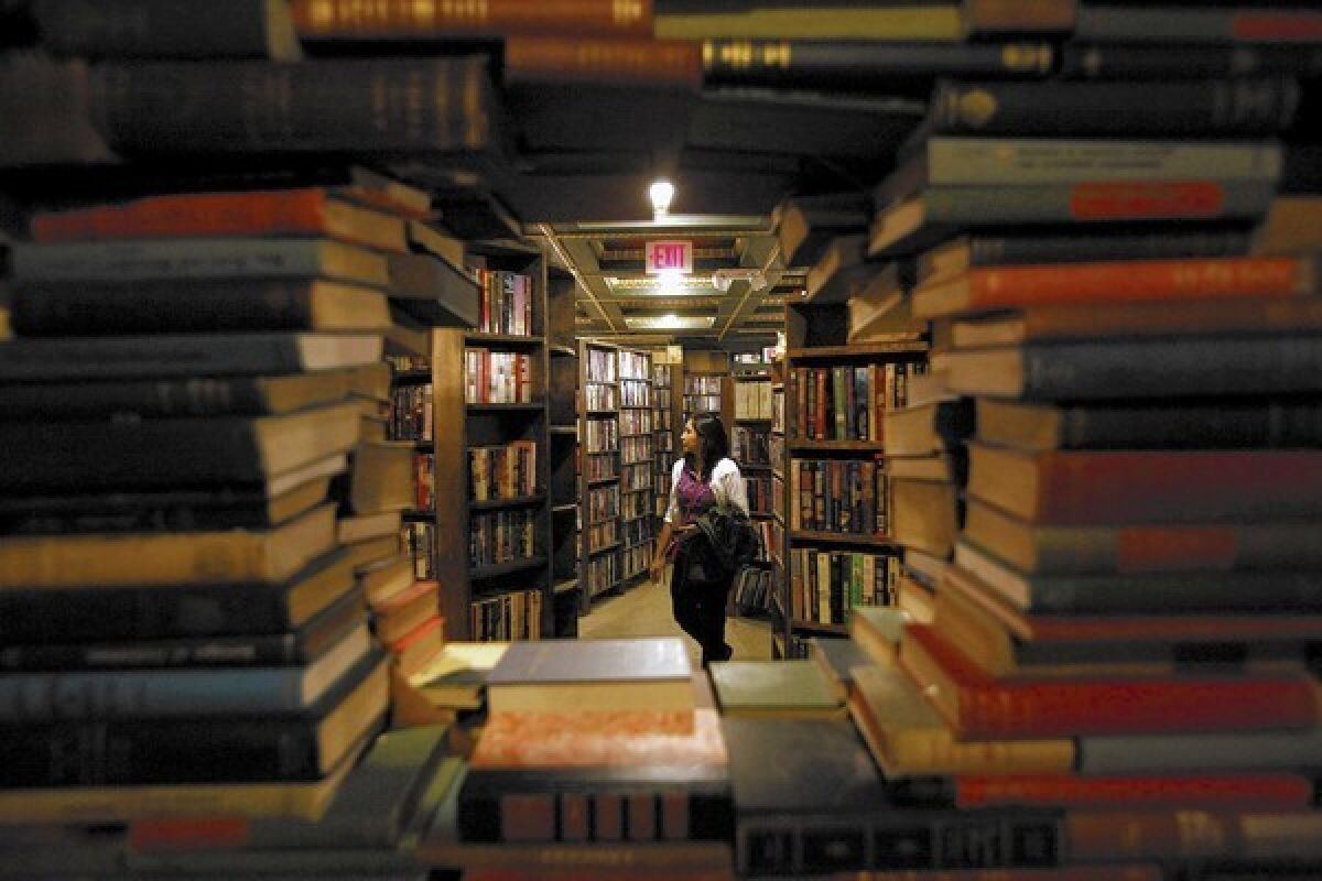 Stacks of book inside the Last Bookstore in Los Angeles.