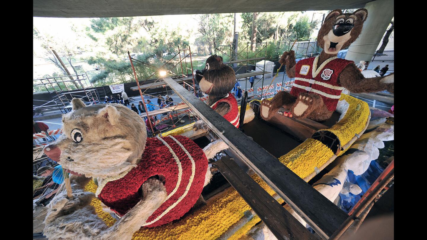 A high view of the La Cañada Flintridge Rose Parade float under construction.