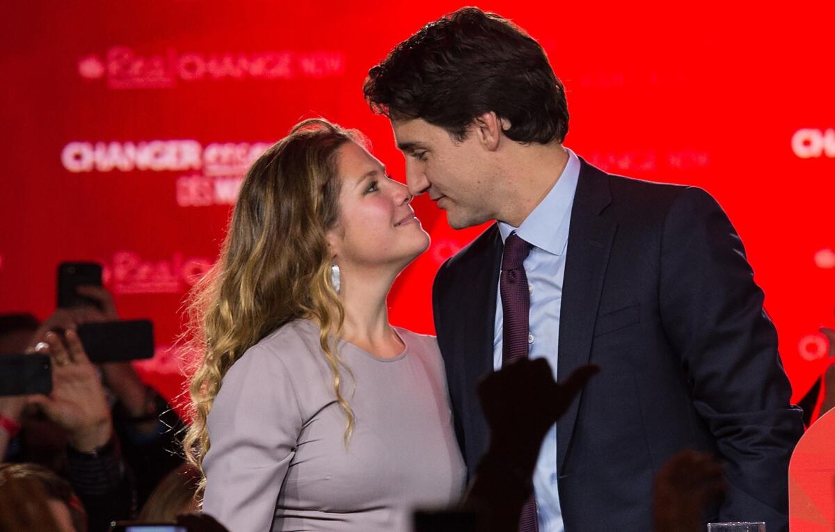 Justin Trudeau and his wife, Sophie, on Tuesday after his Liberal Party prevailed in Canada's general election.