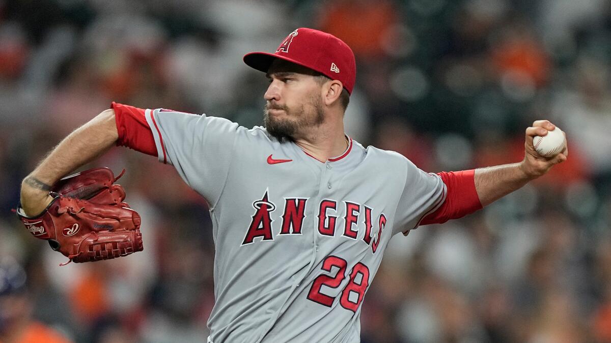 Angels starting pitcher Andrew Heaney throws against the Houston Astros 