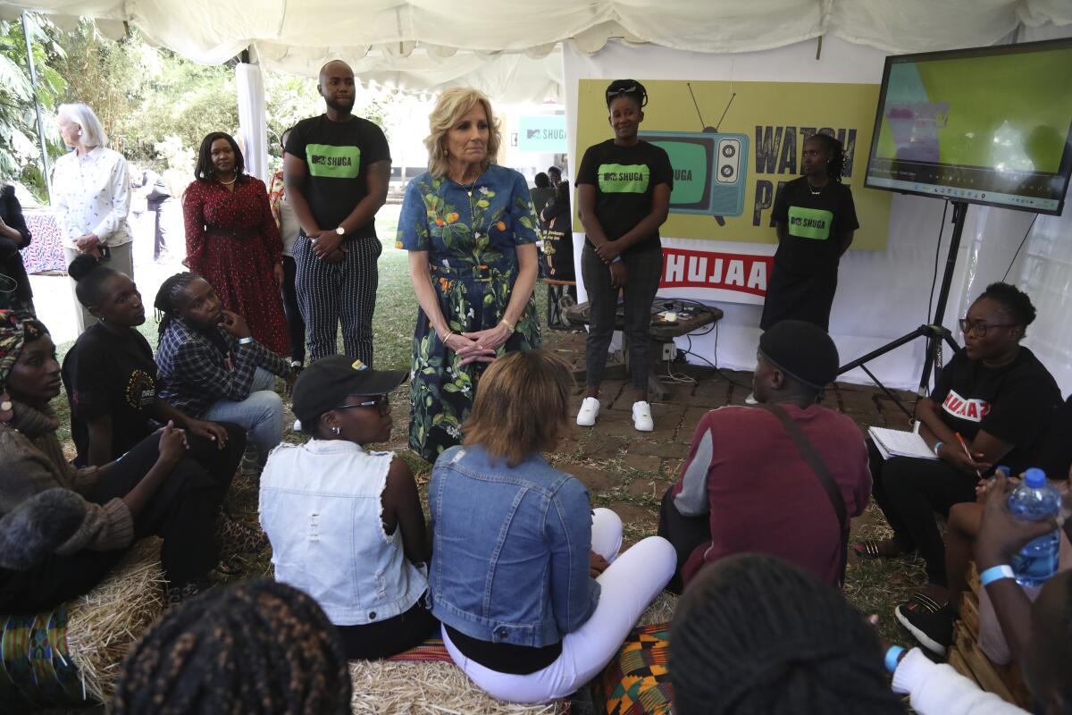 U.S. first lady Jill Biden, center, meets youth at Village Creative in Nairobi, Kenya, on Saturday. 