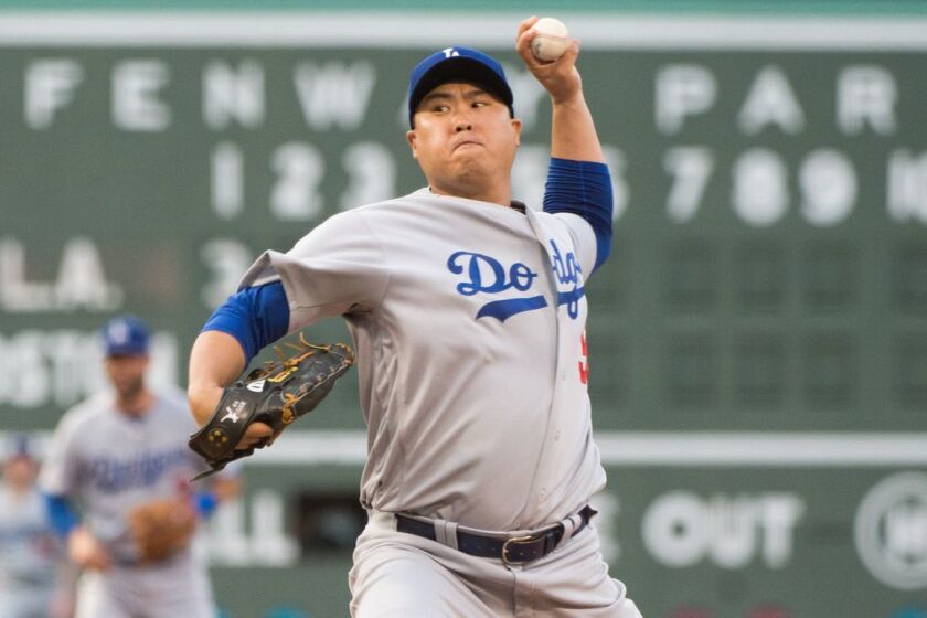 BOSTON, MA - JULY 14: Hyun-Jin Ryu #99 of the Los Angeles Dodgers pitches in the first inning against the Boston Red Sox at Fenway Park on July 14, 2019 in Boston, Massachusetts. (Photo by Kathryn Riley/Getty Images) ** OUTS - ELSENT, FPG, CM - OUTS * NM, PH, VA if sourced by CT, LA or MoD **