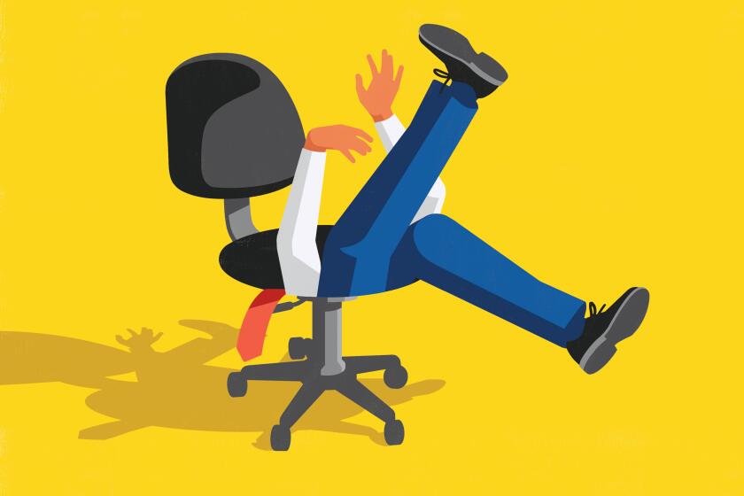 Illustration of an office worker falling backwards into a hole formed by the seat of his chair.
