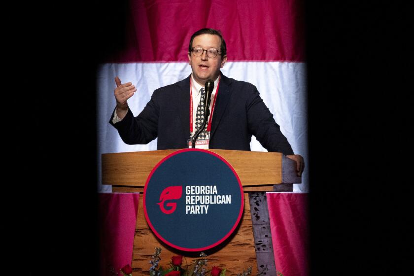 Georgia's Republican Party chairman Joshua McKoon speaks at the Georgia GOP Convention at the Columbus Convention & Trade Center in Columbus, Ga., on Friday, May 17, 2024. (Arvin Temkar/Atlanta Journal-Constitution via AP)