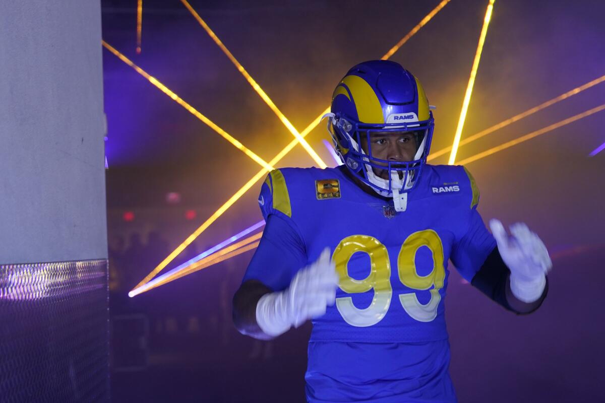 Rams defensive tackle Aaron Donald walks onto the field before a loss to the Arizona Cardinals on Nov. 13.