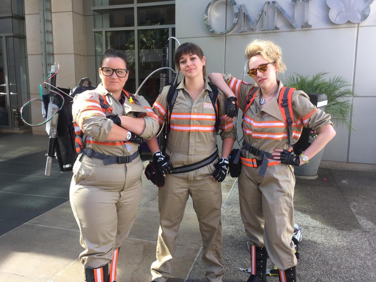 Three fans of the new "Ghostbusters" movie, captured Friday at Comic-Con in San Diego.