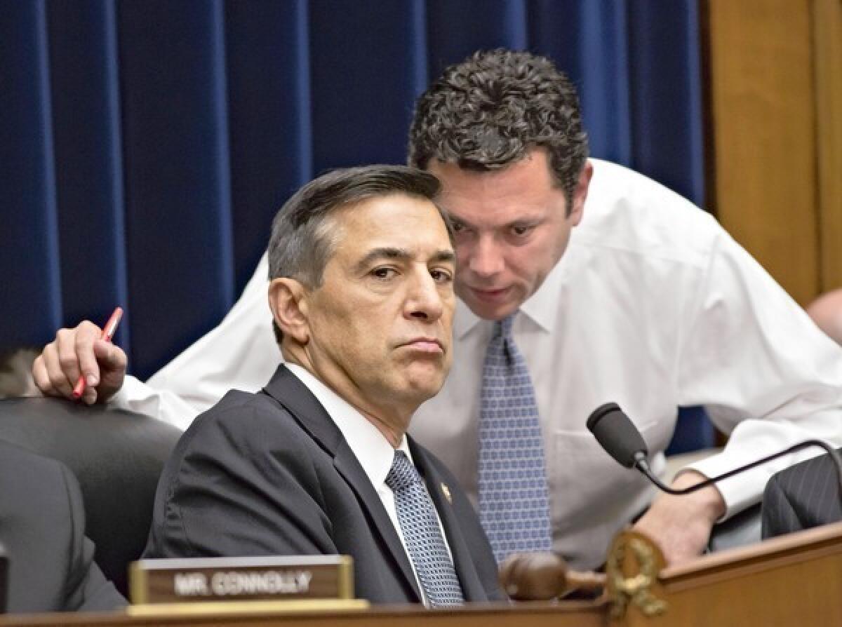 Chairman Darrell Issa (R-Vista), left, with Rep. Jason Chaffetz (R-Utah), at a House oversight panel hearing this month on the attack on a U.S. facility in Benghazi, Libya.