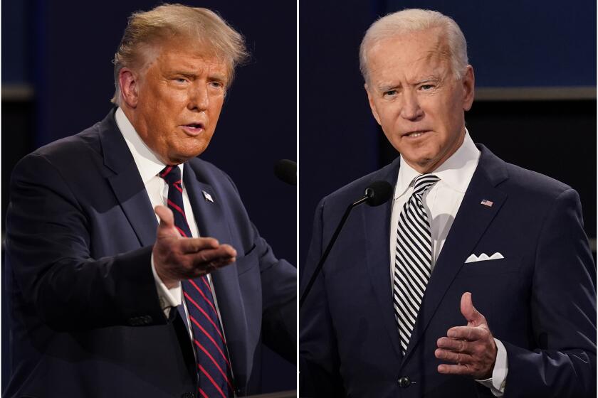This combination of photos shows President Donald Trump, left, and former Vice President Joe Biden during the first presidential debate at Case Western University and Cleveland Clinic, in Cleveland, Ohio on Sept. 29, 2020. A staggering 97 percent of the jokes Stephen Colbert and Jimmy Fallon told about the candidates in September targeted President Donald Trump, a study released Monday found. That's 455 jokes about Trump, 14 about Democrat Joe Biden, according to the Center for Media and Public Affairs at George Mason University. (AP Photo/Patrick Semansky)