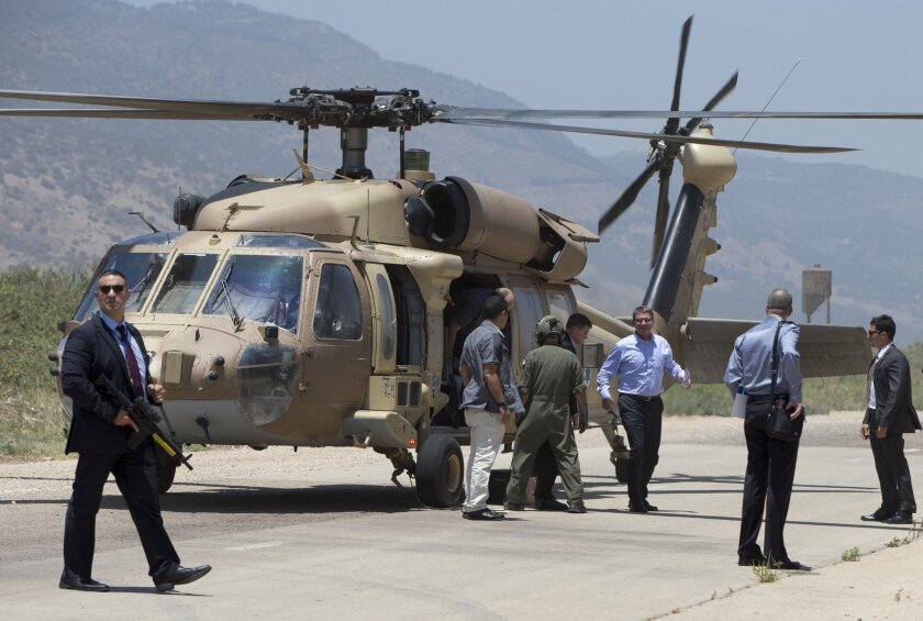 U.S. Defense Secretary Ashton Carter and Israeli Defense Minister Moshe Yaalon arrive July 20 near Yesod Hamala near Israel's border with Lebanon.