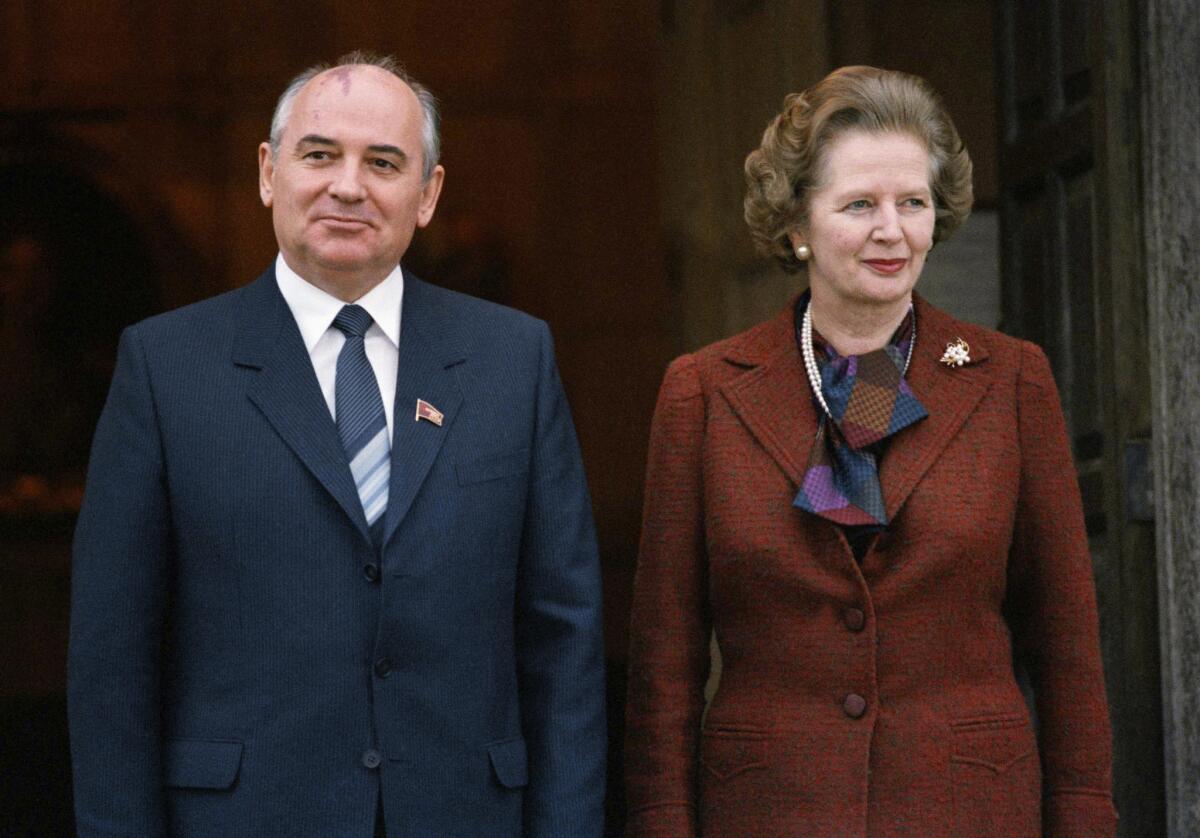 British Prime Minister Margaret Thatcher, in this Dec. 15, 1984, file photo from a visit by Mikhail S. Gorbachev, was the first Western leader to see reform potential in the future Kremlin chief. She was remembered after her death Monday for her insight into the changes that would free millions from communist dictatorship later that decade. Gorbachev, himself in failing health, issued a statement hailing Thatcher as "a big-time politician and a bright personality."