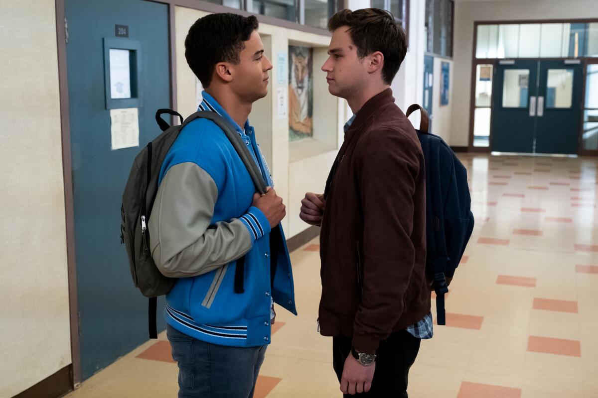 Jan Luis Castellanos as Diego, left, and Brandon Flynn as Justin in "13 Reasons Why."