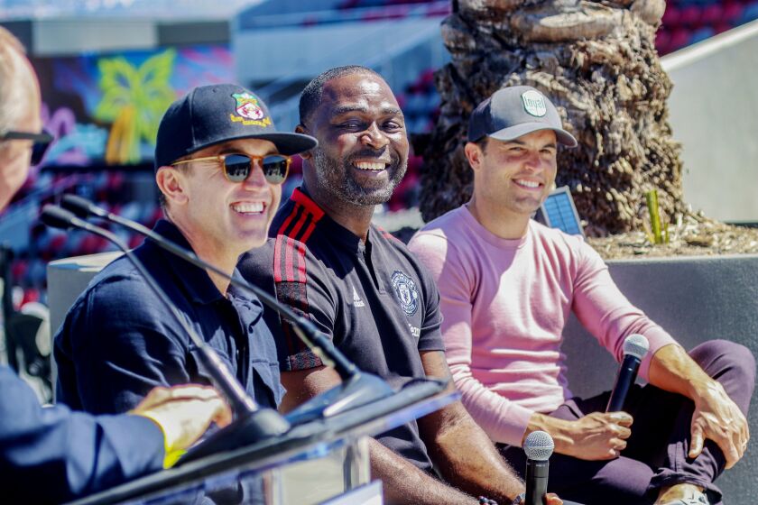 SAN DIEGO, CA-MARCH 23: Wrexham Co-owner Rob Mcelhenney, Manchester United's Andy Cole and Landon Donavan answer questions during a press conference at Snapdragon Stadium on Monday, March 27, 2023. Machester United and Wrexham will play a friendly on July 25th at Snapdragon Stadium. .(Photo by Sandy Huffaker for The San Diego Union-Tribune)