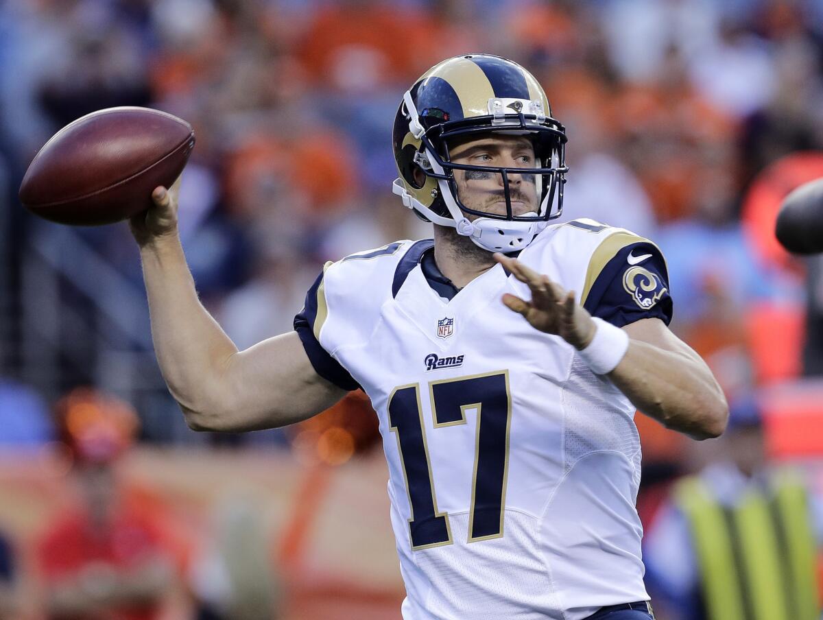 Rams quarterback Case Keenum (17) throws against the Denver Broncos during the first half of a preseason game on Aug. 27.