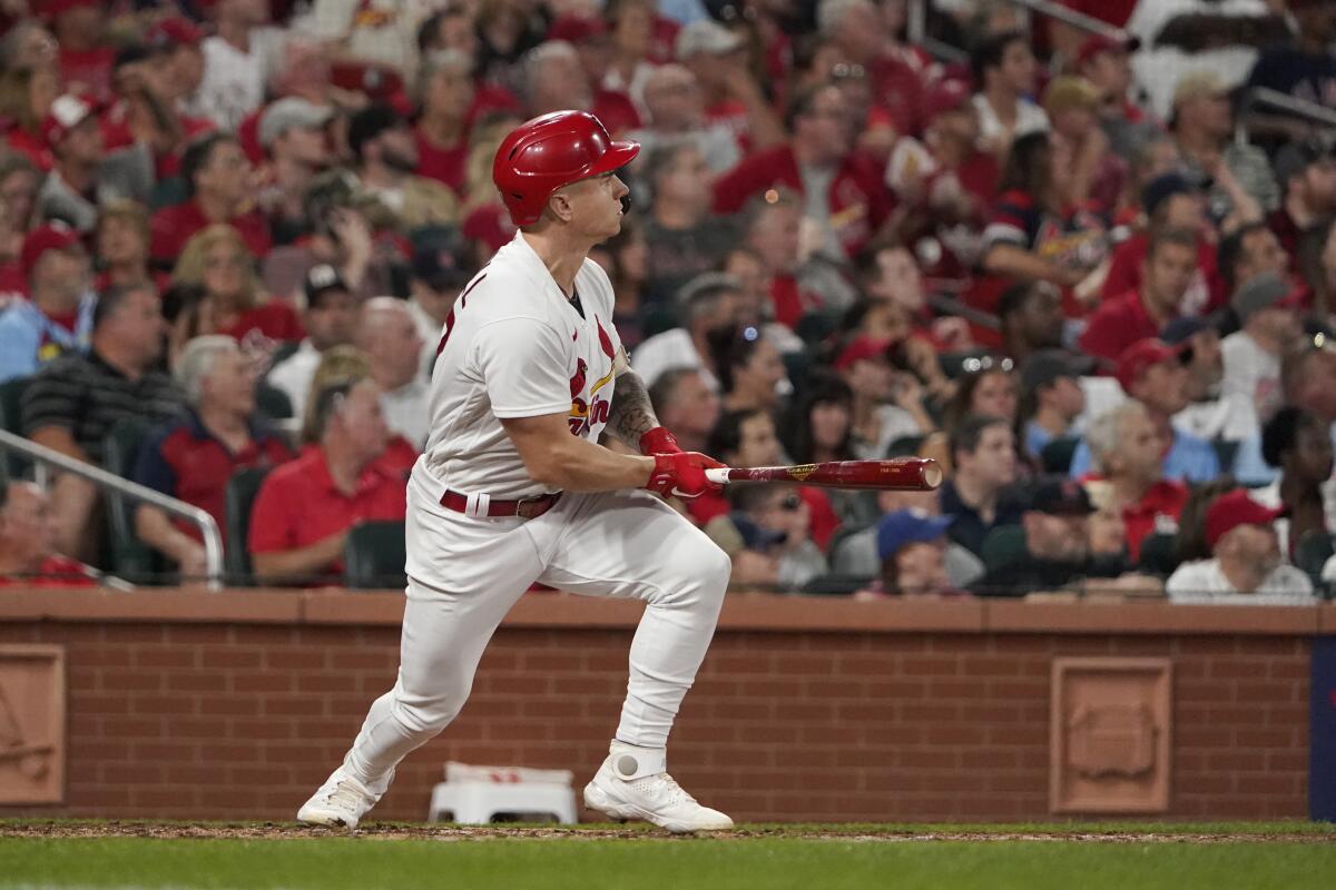 St. Louis Cardinals' Tyler O'Neill doubles against the Milwaukee Brewers .