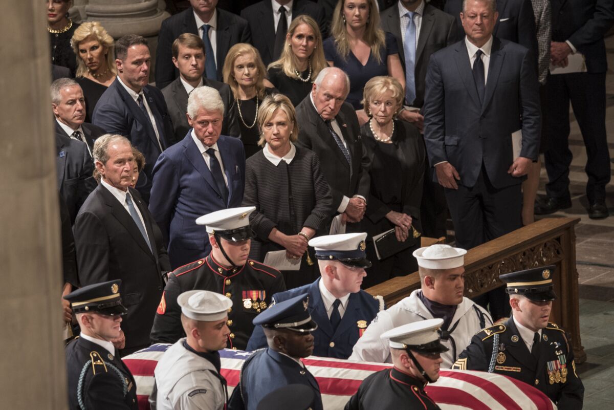 Former Presidents George W. Bush and Bill Clinton, former Secretary of State Hillary Clinton, former Vice President Dick Cheney and Lynne Cheney at the memorial service for Sen. John McCain on Saturday at the Washington National Cathedral.