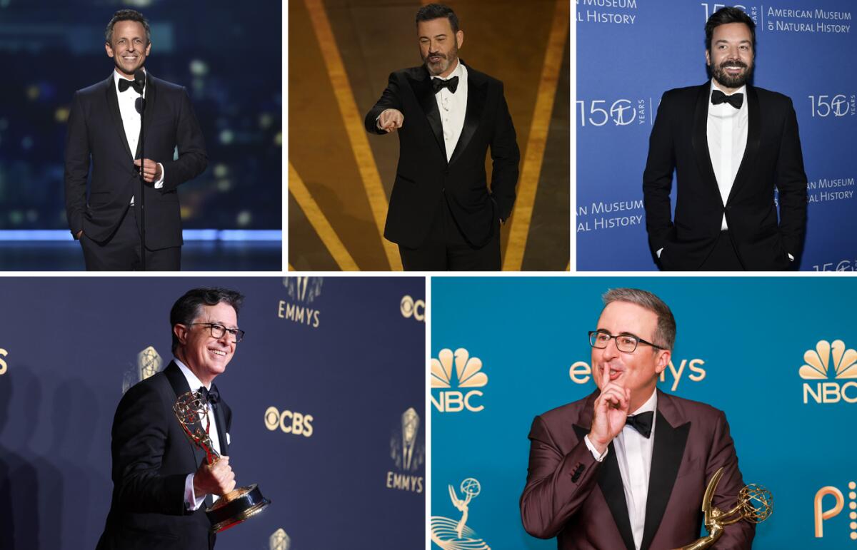 Photos of Seth Meyers, Jimmy Kimmel, Jimmy Fallon, John Oliver, and Stephen Colbert.