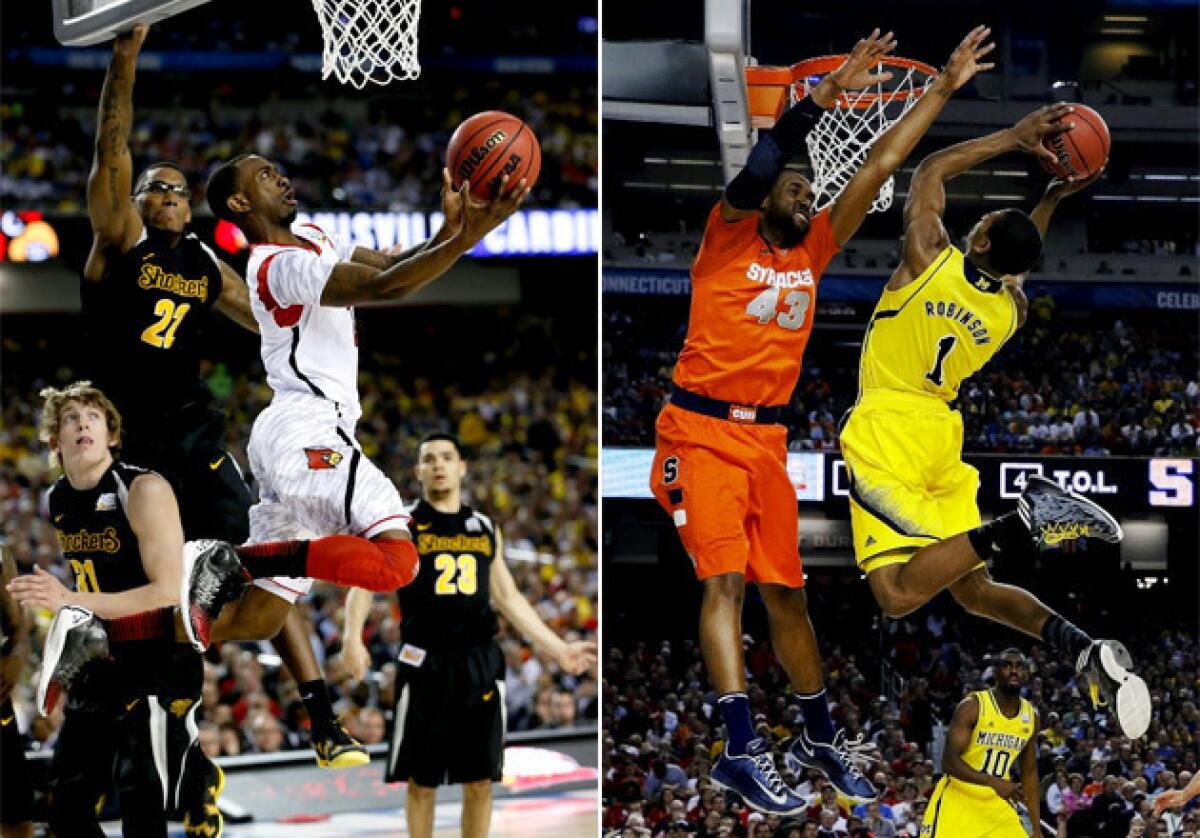 Left: Louisville's Russ Smith drives for a shot attempt. Right: Michigan's Glenn Robinson III (1) shoots over Syracuse's James Southerland.