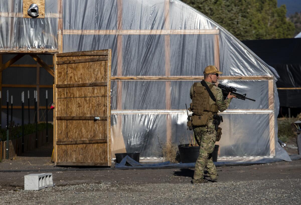 A uniformed person with a rifle outside a greenhouse