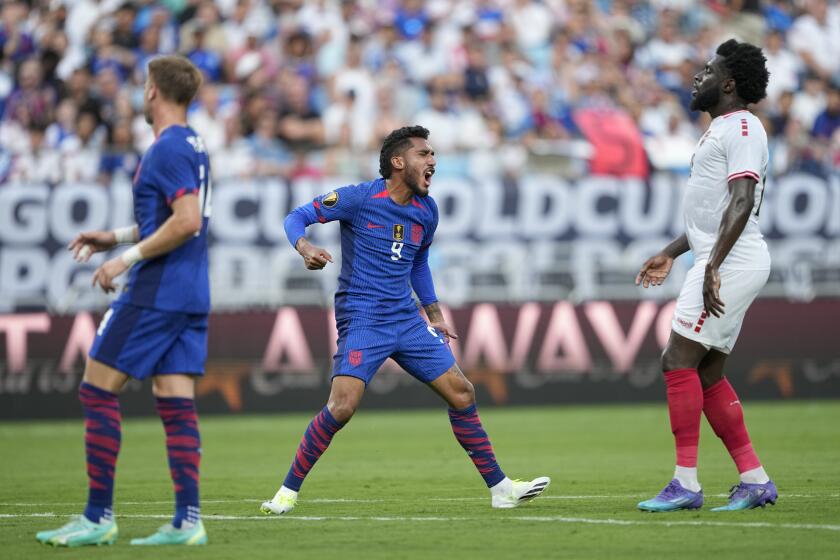 United States forward Jesús Ferreira reacts after missing a shot on goal against Trinidad and Tobago during the first half of a CONCACAF Gold Cup soccer match on Sunday, July 2, 2023, in Charlotte, N.C. (AP Photo/Chris Carlson)