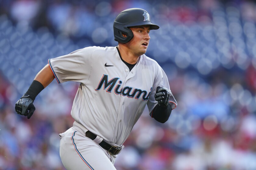 Miami Marlins' Joe Panik runs the bases after hitting a home run during the second inning of the team's baseball game against the Philadelphia Phillies, Wednesday, June 30, 2021, in Philadelphia. (AP Photo/Chris Szagola)