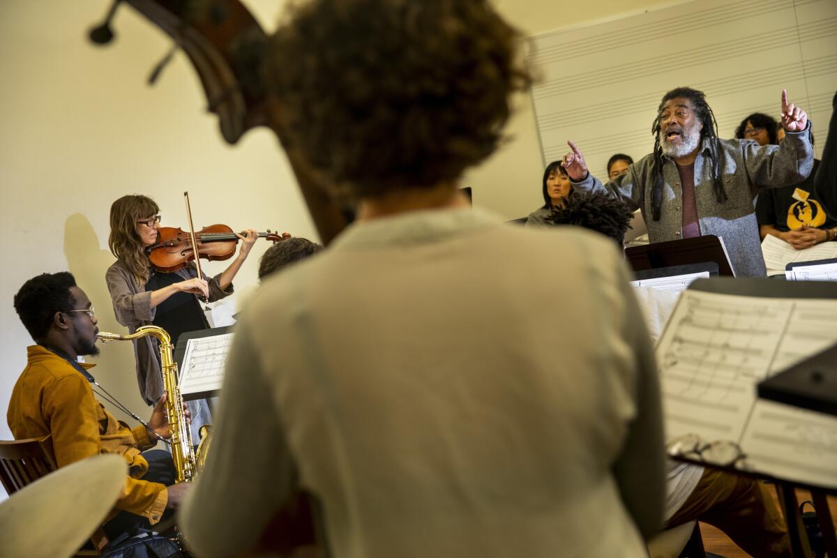 Wadada Leo Smith, recipient of the UCLA Medal, leads a workshop Tuesday with university music students.