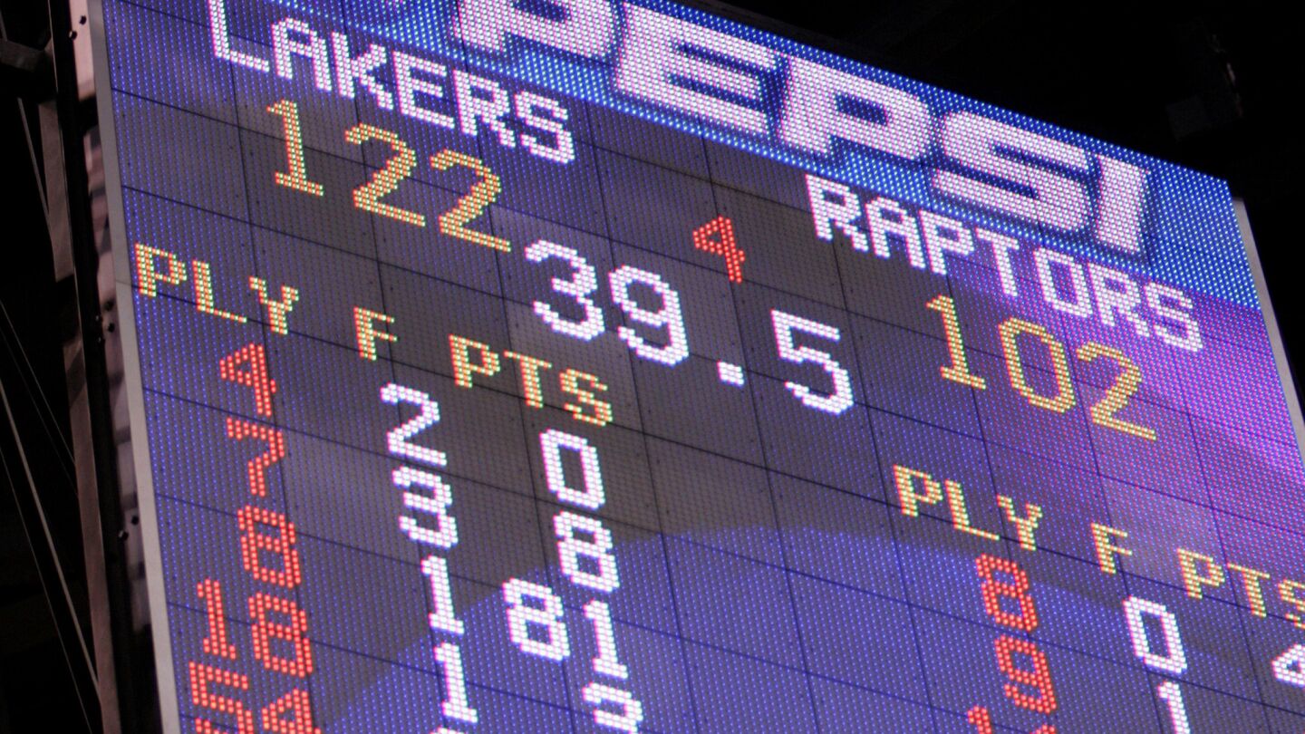 The Staples Center scoreboard shows the 81 points scored by Kobe Bryant against the Toronto Raptors.