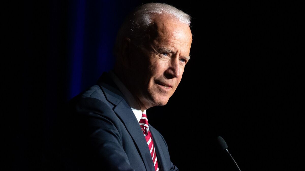 Joe Biden speaks during the First State Democratic Dinner in Dover, Delaware, on March 16. 2019.