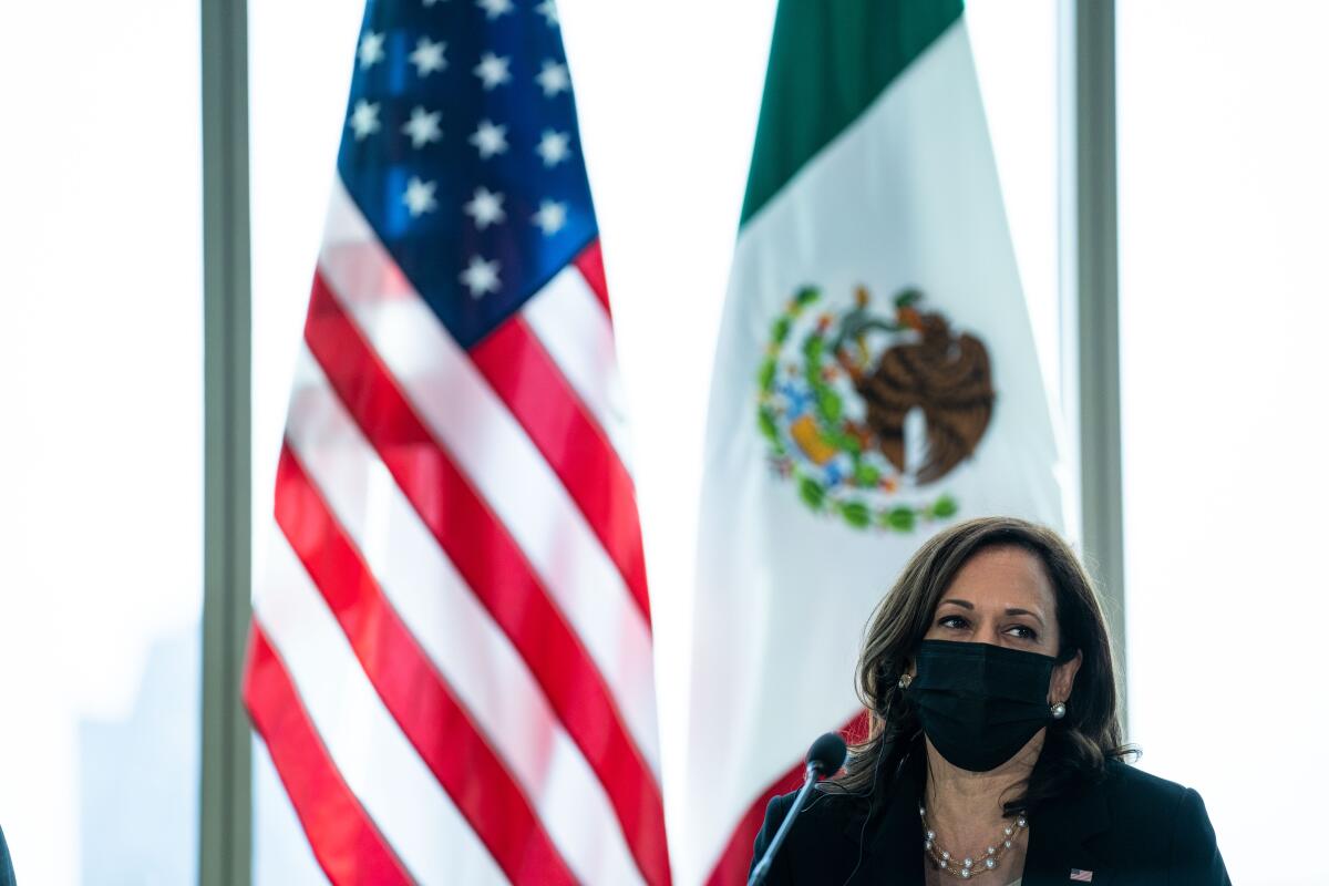 Vice President Kamala Harris, in a mask, with U.S. and Mexican flags in background
