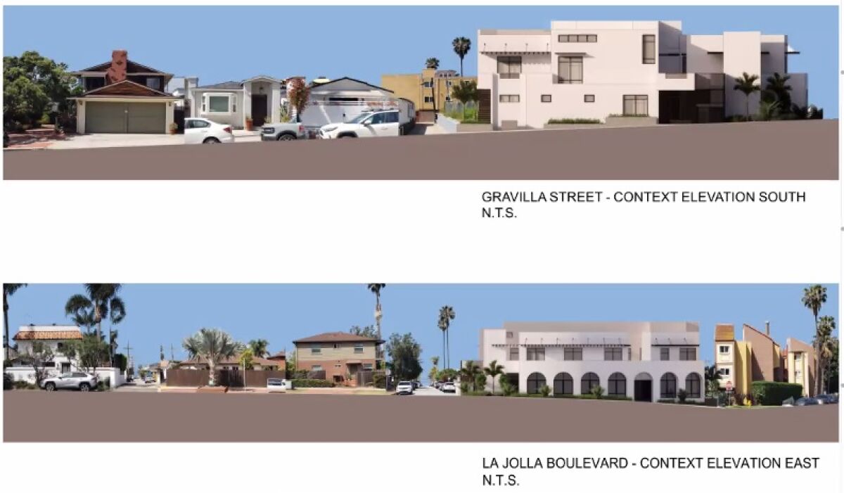 Renderings depict how the proposed Gravilla Townhomes project (white building) would look among its neighbors. 
