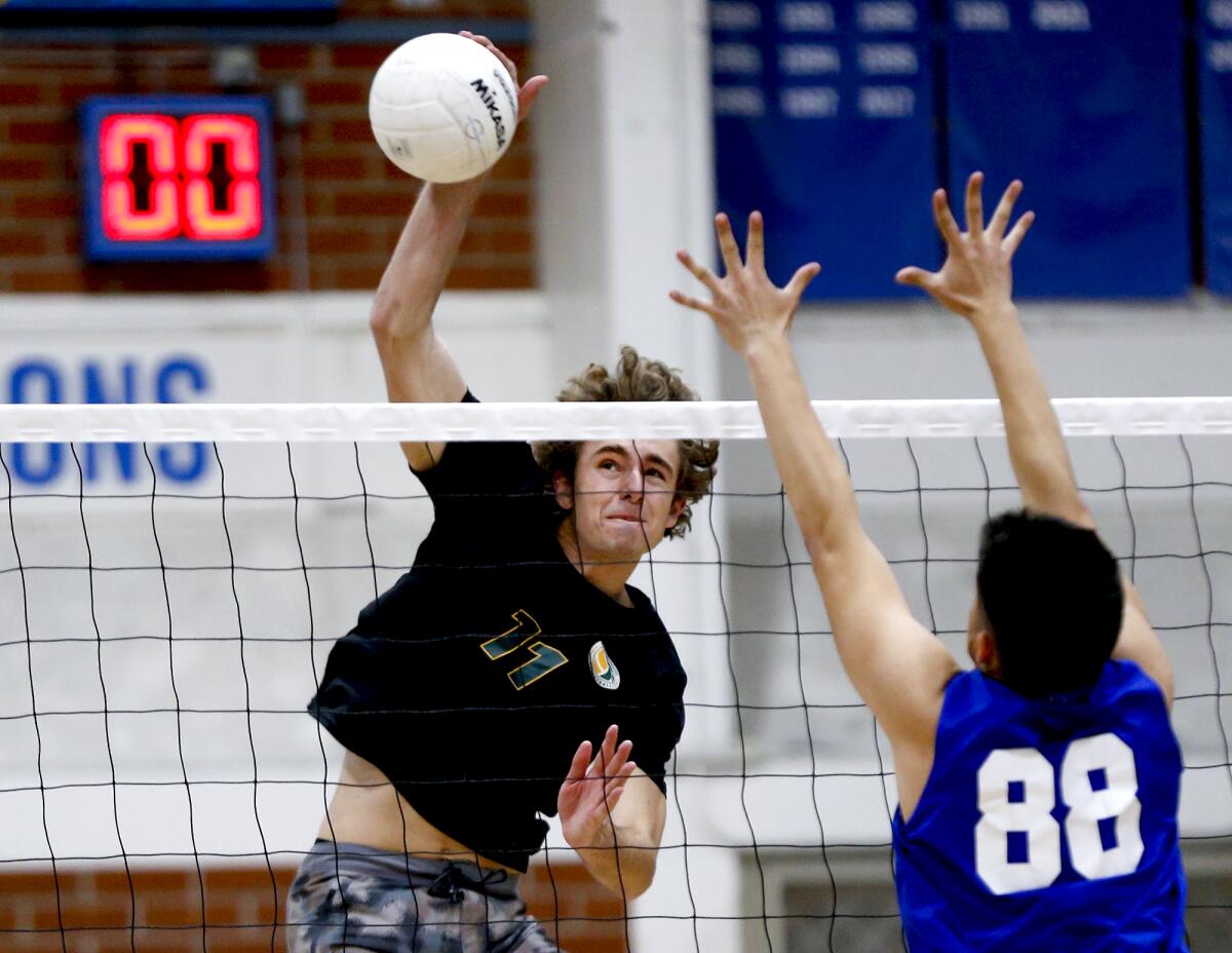 Edison's Emerson Evans (11) goes high to get a kill during a Wave League match against Fountain Valley on Friday.