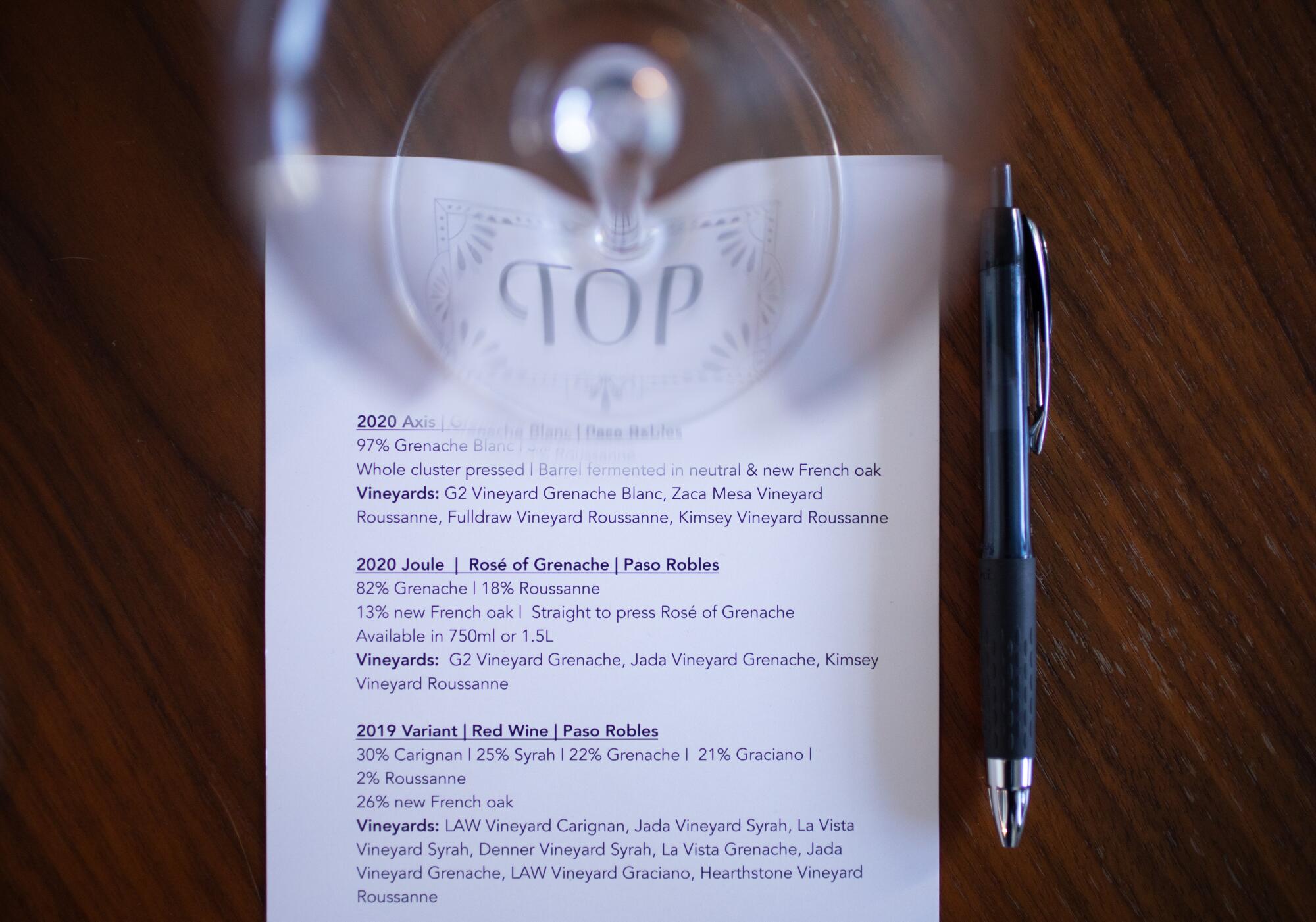 The tasting menu at Top Winery.