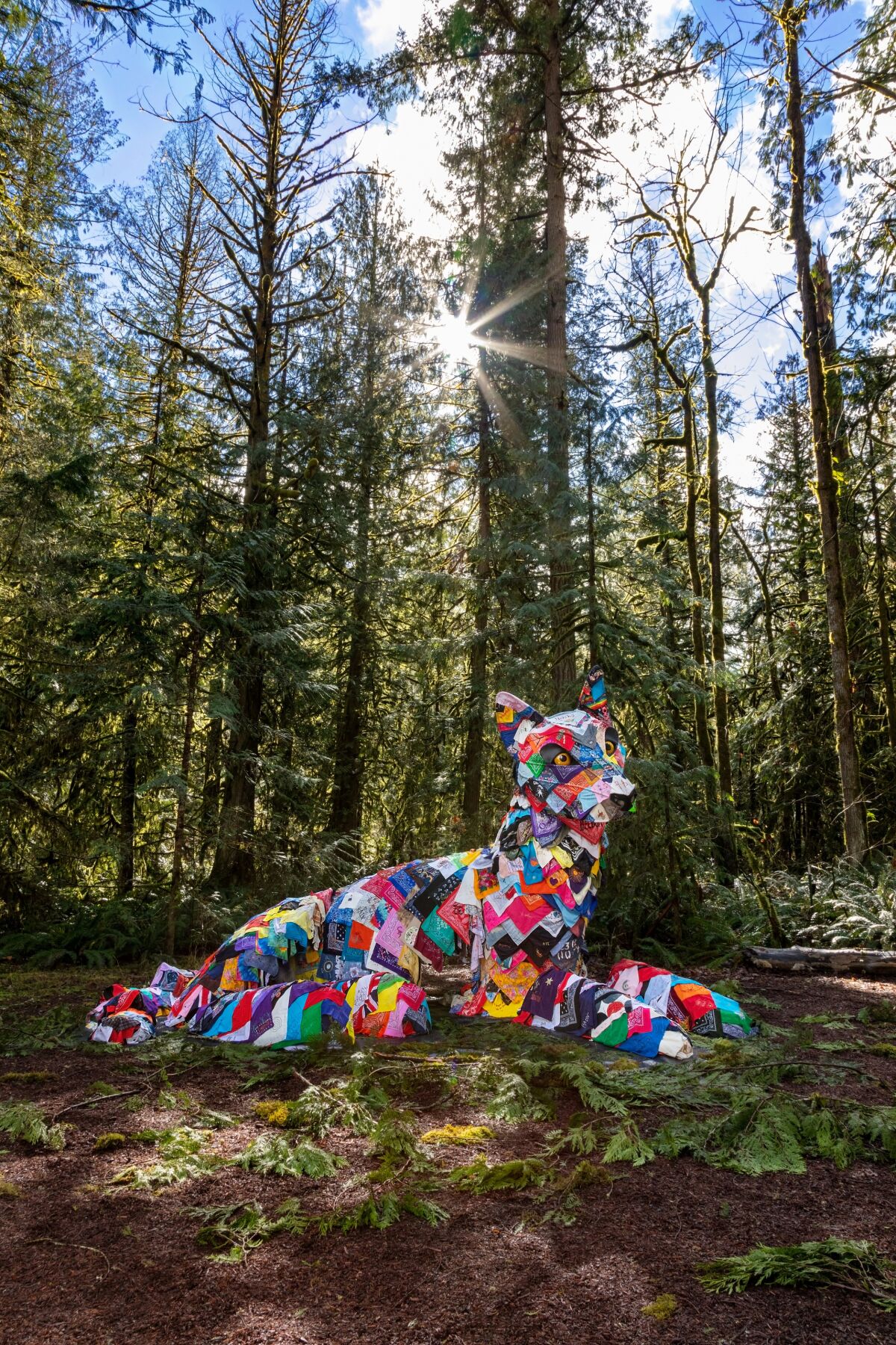  A sculpture of a canine crafted from hundreds of bandanas is shown in a forest, surrounded by tall trees